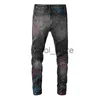 Pantalon pour hommes EU Drip Denim Jeans Hommes Gris Clair Moustache En Détresse Slim Fit Graffiti Trous Endommagés Stretch Peint Jeans Ripped J231208