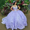 Lavande brillant princesse Quinceanera robes 3D fleur appliques dentelle perles Corset cendrillon bal doux 16 robe vestidos de 15