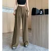 Pantaloni da donna Estate Marrone Vita alta Dritto Larghi Corda Design Pieghe Moda vintage Semplice Tempo libero Pantaloni a gamba larga