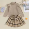 Set di abbigliamento Bambino Neonata Completo con volant Manica lunga Felpa lavorata a maglia Camicia Top Abito scozzese Gonna Set Abiti autunno inverno