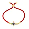 Charm Armband Multicolor Cubic Zirconia Stones Cross Armband Women Fashion Gold-Plated Brass Emamel Eye Red Rope Jewelry Present