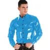 Homens camisetas Nightclub Mens Brilhante PVC Camisa De Couro Top Olhar Molhado Faux Látex Botão Manga Longa Espalhe Collar Party Bar Clubwear