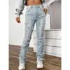Jeans Womens Embroidered Tassel Straight Leg Denim Pants Fashion INS Elastic Cargo Pant Y2k Trousers Outfits