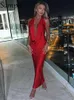 Grundläggande casual klänningar Sampic Fashion Summer Women Clothes Red Long Wrap Halter Satin Dress Sexig Deep V Neck Party Night Club Backless 231208