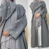 エスニック衣類月刺繍abaya薄いリネンエフェクト生地バットウィングスリーブ着物ムスリム女性ドバイイスラムヒジャーブローブラマダン231208