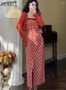 Work Dresses Red Long Sleeves Cardigan Coat And Plaid Midi Slip Dress Women Suit Party Prom Office Lady Two Piece Sets Womens Outifits