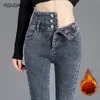 Jeans para mujer Invierno Polar grueso Cintura alta Cálido Flaco Mujeres Mujeres Estiramiento Botón Lápiz Pantalones Mamá Casual Terciopelo 231208