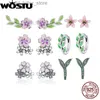 Stud WOSTU 925 boucles d'oreilles en argent Sterling printemps fleur feuille hirondelle goujons pour les femmes brillant Zircon boucle d'oreille fille fête bijoux nouveau YQ231211