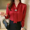レディースブラウス韓国の女性シャツ長袖トップのためのシフォン女性リボンブラウスファッションボウタイシャツxxl