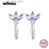 WOSTU véritable 925 en argent Sterling violet feuille boucles d'oreilles pour femmes à la mode violet Zircon plante boucles d'oreilles Fine S925 bijoux YQ231211