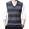 Men's Vests Fashion V-Neck Spliced Striped Vest Sweaters Clothing 2023 Autumn Winter Loose Knitted Casual Pullovers All-match Tops