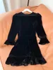Casual Dresses Silk Velvet Women Robe Petal Sleeve Round Neck Black Bottoming Short Dress