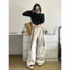 Pantalon Femme Hikigawa Printemps Rayé Taille Haute Femmes Chic Mode Harajuku Cordon Large Jambe Pantalon Poche Patchwork Pantalones