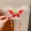 Hair Accessories Ribbon Children Red Hairpin Cute Feather Pearl Hanfu Tassel Butterfly Chinese Year Headwear