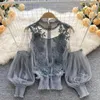 Women's Blouses Sexy See-through Mesh Lantern Sleeve Blouse Women Fashion Flower Embroidered White Lace Shirt Woman Elegant Chic Cropped Top