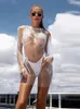 Casual Dresses Shiny Diamond Fishnet Dress for Women Sexig ihålig ut se genom långärmad o Neck Mini Beach Party Club