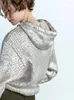 Kobiety swetry kobiety metaliczne żebra folia folia z kapturem sweter swobodny długie rękawowe sznurka na top 2023 jesień elegancki samica elegancka