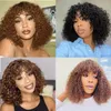 Kinky Curly Human Hair Wigs with Bangs Full Machine Made Wigs Highlight Honey Blonde Colored Wigs For Women Peruvian Remy Hair 180%density 10inch