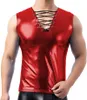 Homens camisetas Vinil Metálico V-pescoço Lace-up Mens Tank Tops Party Show Club Sem Mangas Slim T-shirt Masculino Brilhante Fitness Sports Vest Blusa