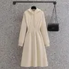 Casual Dresses Women's Mid-Length Drawstring Hooded Dress 2023 Autumn Winter Korean Style All-Matched