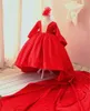 Vestidos da menina de cetim vermelho casamento flor meninas vestido com decote em v manga cheia vestido de festa de formatura aniversário primeira comunhão feito sob encomenda