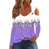 Kvinnors blusar Kvinnor Polyester Top Flower Print Off-Shoulder Blouse Breattable Loose Fit V-ringning Spring Soft Stretchy T-shirt