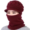 Berets Scarf Warm Breathable Wool Knitted Hat For Women Double Layers Protection Caps Coral Fleece Winter Beanies Women's