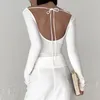 Women's T Shirts Off-Shoulder Open Back Shoelace Knitted Bottoming Shirt T-shirt Female 2023 Sneaky Design Elegant Sexy Long-Sleeved Top