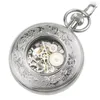 Pocket Watches Antique Style Double Roman Number Diail Silver Tone Case Men's Hand Wind Mechanical Watch With FOB Chain Nice Xmas Gift