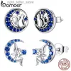 Stud Bamoer oryginalny 925 Srebrny niebieski niebieski cyrkon półksiężycowe kolczyki Kotek na księżycu wróżki dla kobiet SCE880 YQ231211