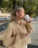 Kadın Sweaters Düz Renk Gevşek Yuvarlak Boyun Tek Göğüslü Kazak Avrupa ve Amerikan Moda Örme HARDIGAN HARAJUKU Y2K Uzun Kollu Top 231211