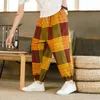 Men's Pants Mens Chinese Style Traditional Casual Color-Blocked Cotton Linen Trousers Genderless Autumn Loose Retro Plaid Unisex