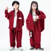 Ensembles de vêtements Enfants Hip Hop Rouge Chemise Oversize Veste Tops Casual Large Jambe Baggy Pantalon Pour Fille Garçon Costume De Danse Costume Vêtements Tenues