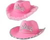 Szerokie brzegowe czapki koronne różowe czapki kowbojskie kapelusz western cowgirl dla kobiet dziewczyna pióro krawędź błyszczące cekiny tiara cowgirl hats impreza fedor9145851