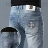 Męskie dżinsowe dżinsy dżinsy ścisły wybór niebieskiego dla mężczyzn na wiosnę i lato, lekkie luksusowe towary europejskie, przystojne, wysokie, szczupłe, swobodne, szczupłe, elastyczne spodnie z małymi