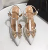 Elegante spitze One-Line-Sandalen mit Kristallschleife, Damen-High-Heels aus Leder und Diamanten, sexy Hochzeitsschuhe, Größe 35-42 mit Box