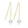 Boucles d'oreilles pendantes en or véritable 18 carats, perles d'eau douce naturelles, fils d'oreille, Au750, mode classique, bijoux pour femmes, vente en gros, E0009