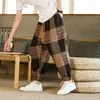 Men's Pants Mens Chinese Style Traditional Casual Color-Blocked Cotton Linen Trousers Genderless Autumn Loose Retro Plaid Unisex