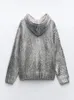 Kvinnors tröjor silver metallisk rib trim folie huva tröja chic långärmad takvickfickor Pullover Top Autumn Loose Women Sweatshirt 231211