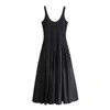 Casual Dresses O-Neck Sleeceless Midi Dress Of Woman 2024 Summer Wide Straps Fabric Hem Woman's Black Low Waistline