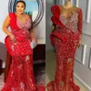 Plus Size Aso Ebi Prom Dresses Luxurious Red Mermaid Beaded Evening Dress Long Sleeves Gala Sparkling African Second Reception Gowns Birthday Party Gown AM140