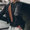 Women's Blouses Sequin Embellished Women Top Soft Long Sleeve Party Club Blouse Round Neck Backless With Hollow Out