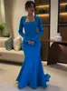 Elegant Long Sleeves Crepe Square Neck Blue Evening Dresses With Buttons Mermaid Middle East Sweep Train Prom Dress Party Dresses for Women