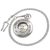 Pocket Watches Antique Style Double Roman Number Diail Silver Tone Case Men's Hand Wind Mechanical Watch With FOB Chain Nice Xmas Gift