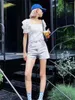 Women's Blouses Ladies Square Collar Short Puff Sleeve Lace Up Sweet Shirt 2023 Summer Women Geometric Pattern Hollow Out Blouse