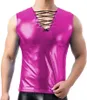 Men's T Shirts Vinyl Metallic V-neck Lace-up Mens Tank Tops Party Show Club Sleeveless Slim T-shirt Male Shiny Fitness Sports Vest Blouse