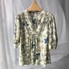 Women's Blouses Silk Fashion French Print Shirt For Ladies 2023 Women V-Neck Loose Pleated Puff Sleeve Blouse