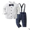 Ensembles de vêtements pour enfants Gentleman Wear Printemps et automne Revers à manches longues Cardigan en coton Garçons Plaid Spaghetti Bretelles Twinset Enfants Dr Dhlqx