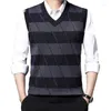 Men's Vests Fashion V-Neck Spliced Striped Vest Sweaters Clothing 2023 Autumn Winter Loose Knitted Casual Pullovers All-match Tops