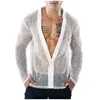 Chemises décontractées pour hommes Chemise en maille transparente de couleur unie Cardigan à manches longues pour hommes Y2k Kinimo Pulls géométriques Sheer All-Match Camisas